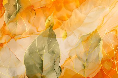 Sonbahar, altın çizgili arka plan çizimleri, fırça darbeleri, lekeler ve simlerle suluboya desenleri bırakır. Vektör, güzel yapraklı, sonbaharda parlak arkaplan çizimi yaptı. Grunge dokusu.