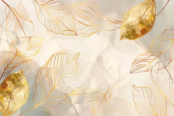 Gold leaves watercolor drawing pattern background with golden line art leaves, brush strokes, spots. Vector painted beautiful  illustration. Elegance decorative nature design. Grunge ornate texture.