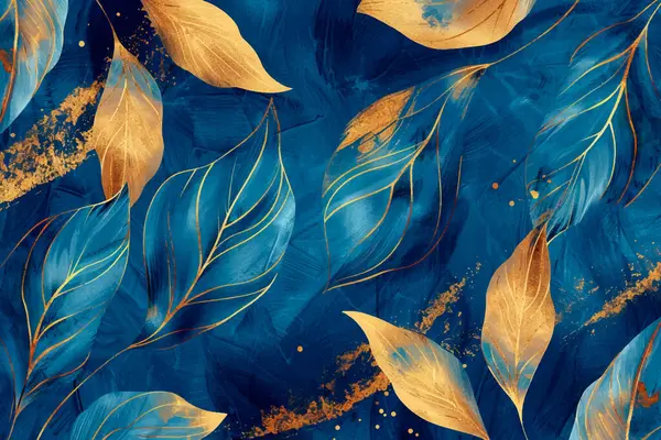 Золотые Листья Акварели Рисунок Синий Фон Картины Золотой Линии Художественных Стоковая Иллюстрация