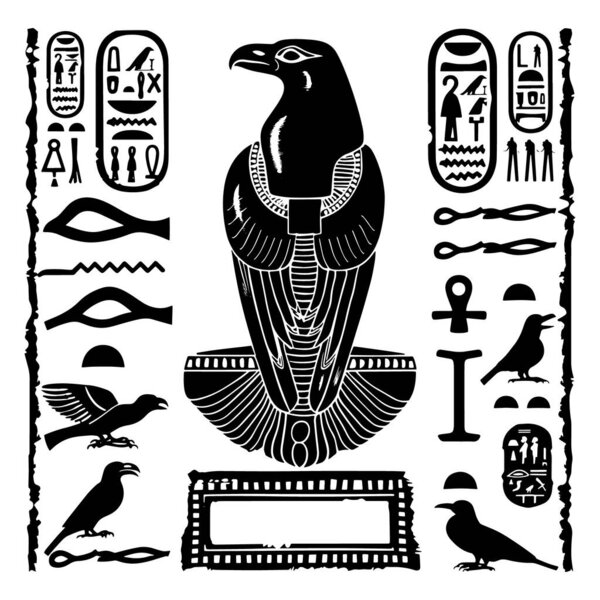 Egyptian hieroglyphs , eyes, birds border pattern. African ethnic white background with black  animals, birds, eyes, ancient egyptian ornaments. Vector african illustration.