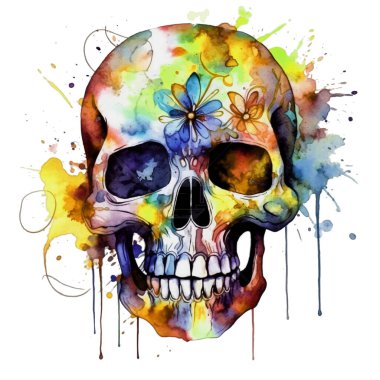 Süslü kafatası. Suluboya el desenli kafatası, çiçekler, lekeler, sıçramalar ve çiçekli süslemeler. Graffiti sanatında renkli kafatası deseni. Beyaz arkaplanda izole tasarım.