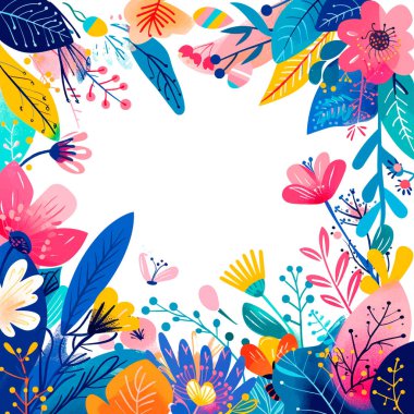 Çiçek açan kır çiçekleri, yapraklar ve lorem ipsum ile renkli karalama desenleri. Vektör bitkileri arka planı. Çiçekler çok güzel. Parlak çiçekler metin için yer ile süsleme.