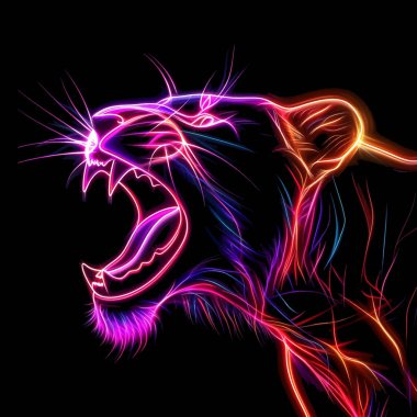 Neon ışıklı parlak çizgiler kükreyen kaplan jaguar panter avcı silueti. Aydınlatma efektli ışıltılı sanat eseri çizimi. Modern izole tasarım. Parlak renkli doku..