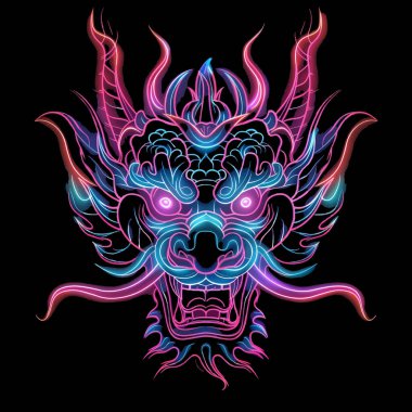 3D neon ışıklı süs çizgileri Çin ejderhasının kafasının arka plan çizimi yanıp sönen gözlerle. Dövme, amblem, logo, baskı, tasarım için parlak, güzel desenli ejderha deseni.