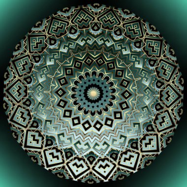 Güzel etnik Yunan tarzı renkli 3D mandala deseni. Zigzag çizgileri olan vektör süsleme çemberi mandala, Yunan anahtar çizgileri. Modern desenli parlayan tasarım. Yüzey dekoratif süsler.