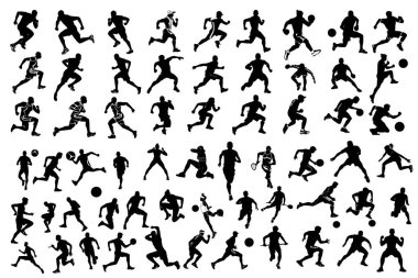 Eğitimli atletlerin siluetleri. Beyaz arka planda münferit sporcular ve kadın siluetler. Siyah ve beyaz vektör tasarımı. Spor. Profesyonel sporcular. Atletizm etkinliği. Simgeler, işaretler, semboller.