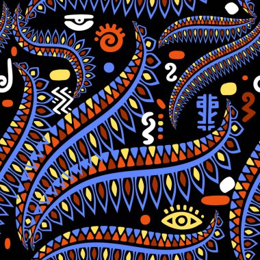 Afrika çiçeklerinin dikişsiz arkaplan çizimi. Kabile etnik afro tarzı çiçek süsleri, afrika sembolleri, tabelalar. Karalama el siyah arkaplana renkli parlak moda süsler çizdi. 