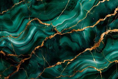 Malachite taşı. Akrilik akışkan sanat 3D akış vektör arka planı. Zümrüt yeşili mermer desenli, yüzey dalgalı çizgileri, altın parıltısı olan desenli süs. Yeşil altın rengi dekore edilmiş moda tasarımı