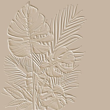 Kabartmalı tropikal yaprak desenli, palmiye canavarı yapraklı. Rahatlama arka planı. Dokulu grunge arkaplanı. Kabartma yaprakları. Kabartma efektli 3 boyutlu güzel tropikal süs. Yaprak dokusu.