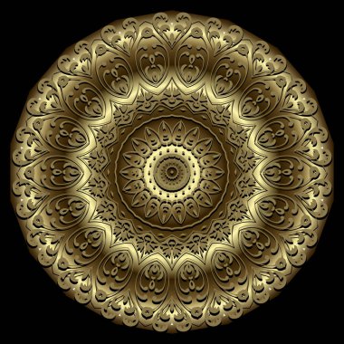 3D Altın Barok Damask tarzı çiçekli mandala deseni. Süslü vektör arka planı. Klasik çiçekleri olan modern dairesel altın mandala. Lüks süs eşyası. Yüzey sonu olmayan dokusu.