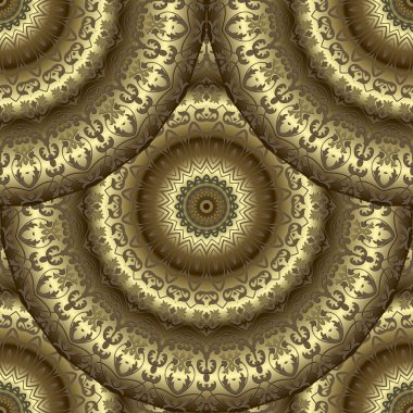 Altın rengi Barok Damask çiçekli 3D mandalas pürüzsüz desen. Süslü vektör arka planı. Modern daire, çiçekli altın mandalalar. Lüks Deco süsleri. Yüzey sonu olmayan dokusu.