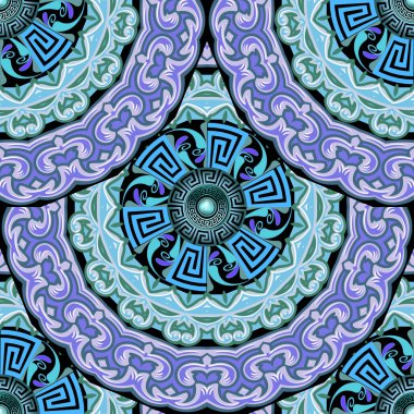 Yunan anahtar taşlı çiçekli mandalalar mavi, pürüzsüz desenli. Süslü vektör arka planı. Çizgileri çiçek olan modern arabesk mandalaları. Lüks Deco süsleri. Dekoratif sonsuz doku.