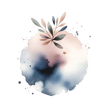 Renkli suluboya, ıslak efektli, dallı, yapraklı minimalist leke deseni. Suluboya dalı. Güzel desenli el çizimi vektör çizimi. Beyazlar üzerinde izole boyanmış moda tasarımı.