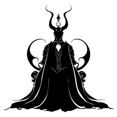 Vektör şeytan silueti. Uzun, dalgalı cüppeli, kıvrımlı boynuzlu, siyah, gizemli şeytani şahsiyet. Efsanevi fantezi var. Beyaz arka planda izole edilmiş zarif yaratıcı tasarım.