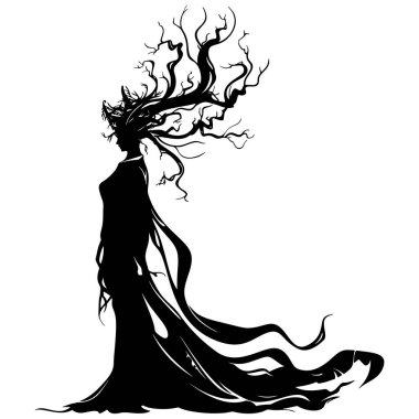 Siyah vektör esrarengiz bir siluet. Uzun, dalgalı bir elbisenin içindeki gizemli bir kadın figürü. Kafasından boynuzlar gibi dallar çıkıyor. Beyaz arka planda yansıtılmış tasarım. Fantom. Orman.