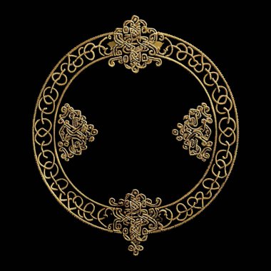 Altın 3D Çin çiçeği işlemeli yaka desenli arka plan. Vektör işlemeli boyun süsleri. Altın desenli, soyutlanmış, etnik çiçeklerle süslenmiş boyun çerçevesi. Grunge yüzey dokusu.