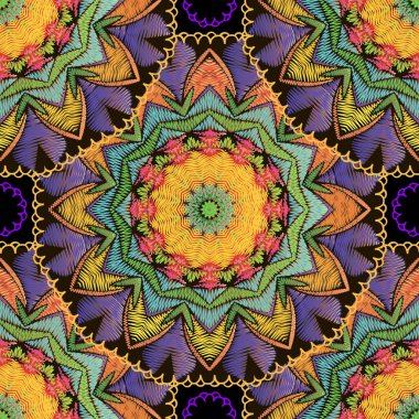 Renkli nakışlı çiçekli mandalalar, dikişsiz desen. Yüzeydeki duvar halısı etnik vektör geçmişi. Güzel desenli karo çiçekli süsler. Grunge dikiş çizgileri, daireler, çerçeveler, sınırlar, çiçekler.