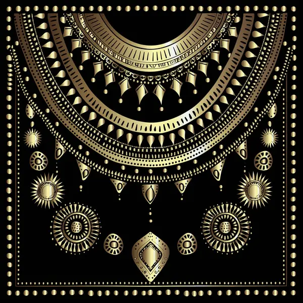 stock vector Gold 3d ethnic native tribal style embroidery isolated neckline pattern. Vector embroidered neck ornaments. Golden decorative textured neck border. frame. Black background. Luxury ornate  texture.