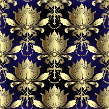 3d klasik çiçeksiz desenli altın renkli çiçekler, yapraklar, zincirler, düğmeler. Vektör süslemeli antika tarzı arka plan. Güzel kraliyet süslerini süsleyin. Şablonlu sonsuz lüks dokusu.