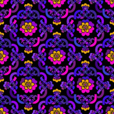 Renkli Çin usulü çiçekli mandalalar kusursuz desenli. Parlak süslemeli güzel vektör arkaplanı. Etnik kumaş deseni. Elle çizilmiş geleneksel Çin süslemeleri çiçekler, düğümler.