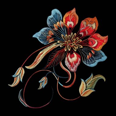 Renkli nakış işlemeli güzel, yalıtılmış, 3 boyutlu yapraklı çiçekler. Çizgi sanatı Japon stili dikişlerle işlenmiş siyah arka planda çiçek açan çizgiler. Vektör desenli çiçek deseni tasarımı.
