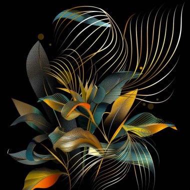 Akan altın çizgileri, egzotik çiçekleri ve yaprakları olan tropik 3D desenler. Vektör yapraklı boyalı arka plan. Çiçek deseni. Tropikal bitkilerin çok güzel bir bileşimi. Kartlar ve baskılar için lüks tasarım.
