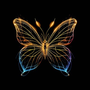 3D parlak neon renkli kelebek parlıyor. Parlak, modern desenli, parlak, altın parıltılı böcek desenli. Yüzey ışıltısı dokusu. Moda dekoratif arka plan. İzole edilmiş altın fantezi kelebeği.