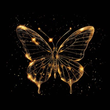 3D altın parıltılı güzel lüks parıldayan kelebek. Kalıplı altın parıltılı modern parlak böcek deseni. Yüzey ışıltısı dokusu. Moda dekoratif arka plan. İzole edilmiş altın kelebek tasarımı