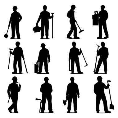 Kürek, kazma ve çekiç gibi farklı meslekleri ve aktiviteleri temsil eden farklı araçlar taşıyan çeşitli pozlardaki işçilerin siluetlerinin izole edilmiş vektör koleksiyonu.