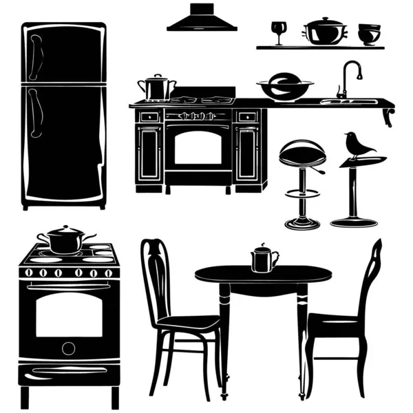 stock vector Isolated black vector kitchen themed silhouettes set with refrigerator, stove, oven, sink, dining table with chairs, bar stools, cookware, a range hood, and a bird on a perch on white background.