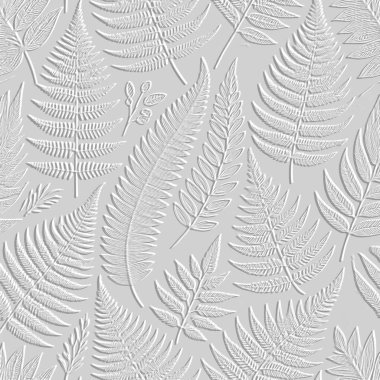 Tropikal kabartmalı beyaz eğreltiotu yaprakları deseni. Kabartmalı kabartmalı kabartmalı yapraklı vektör arka planı. Güzel botanik homurtusu arka planı. Eğreltiotu yapraklı yapraklar. Grungy hafif 3d dokusu