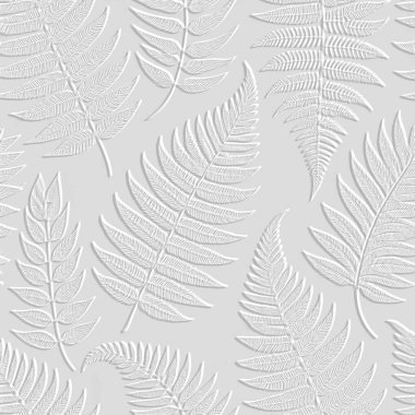 Tropikal kabartmalı beyaz eğreltiotu yaprakları deseni. Kabartmalı kabartmalı kabartmalı yapraklı vektör arka planı. Güzel botanik homurtusu arka planı. Eğreltiotu yapraklı yapraklar. Grungy hafif 3d dokusu