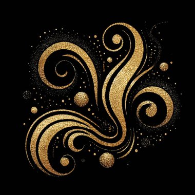 Lüks, zarif süslemeler, 3D altın parıltılı, soyut çiçekli desenler, karışık girdaplar, kıvrımlar, daireler, çizgiler, altın parıltılar. Siyah arkaplanda izole edilmiş parlak vektör vintage süslemeleri.