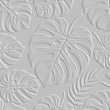 Tropik kabartma desenli beyaz 3 boyutlu canavar yaprağı deseni. Kabartmalı kabartmalı kabartmalı yapraklı vektör arka planı. Güzel botanik homurtusu arka planı. Yapraklı yapraklar. Grungy hafif 3d dokusu.