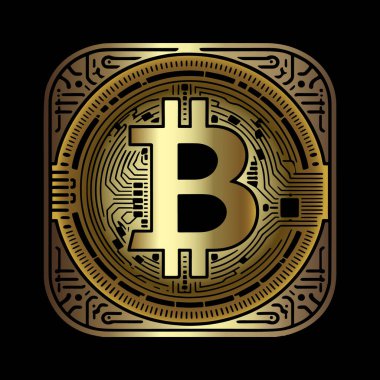 Altın 3d Bitcoin sembolü, etrafında bilgisayar çipi, karmaşık devreler ve kablolar var. Süslü vektör siyah arkaplanda bitcoin siluetini izole etti. Logo için modern tasarım, simgeler, işaretler, kartlar, yazdırma