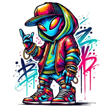 Hiphop tarzı giyinmiş renkli grafiti uzaylıları. Kirli duvar yazıları vektör modern arka plan gibi. Parlak çizilmiş uzaylı bir şapka, bir kapüşon, bir ceket ve bir spor ayakkabı giyiyor. Beyazın üzerinde izole edilmiş bir uzaylı.