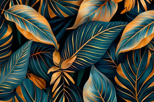 Tropik altın çizgiler mavi yapraklar 3 boyutlu arkaplan çizimi. Yaprak vektör arkaplanı. Yüzey tropik bitkiler lüks duvar kağıtları. Güzel botanik deseni. Süslemeli yaprak dokusu.