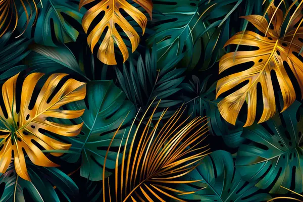 Tropik altın çizgiler yeşil palmiye ve canavar geride 3 boyutlu arkaplan çizimi bırakır. Yaprak vektör arkaplanı. Yüzey tropik bitkiler lüks duvar kağıtları. Güzel botanik deseni. Dekoratif yaprak dokusu