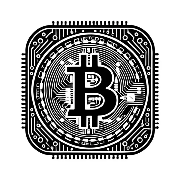 Siyah ve beyaz Bitcoin sembolü. Bilgisayar çipi, karmaşık devreler ve etrafındaki kablolarla. Süslü vektör beyaz arkaplanda bitcoin siluetini izole etti. Logo, simgeler ve işaretler için modern tasarım.