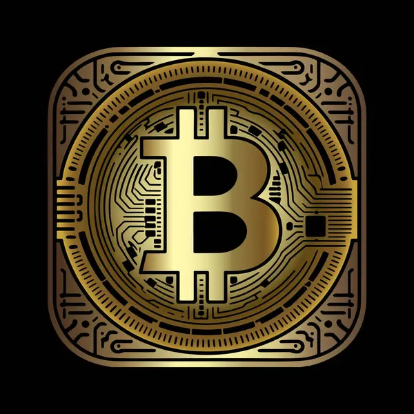 Altın 3d Bitcoin sembolü, etrafında bilgisayar çipi, karmaşık devreler ve kablolar var. Süslü vektör siyah arkaplanda bitcoin siluetini izole etti. Logo için modern tasarım, simgeler, işaretler, kartlar, yazdırma