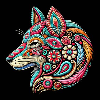 Nakış desenli renkli 3d izole edilmiş kurt başı ve siyah arka planda karmaşık çiçek desenleri var. İşlemeli kabile tarzı süslemeli kurt portresi. Yüzey grunge 3d dokusu.