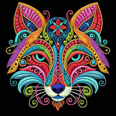 Nakış desenli, renkli 3d izole edilmiş, siyah arka planda karmaşık çiçek desenli tilki kafası. İşlemeli kabile tarzı, gösterişli tilki portresi. Yüzey parlak 3d dokusu.