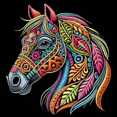 Embroidery colorful ornamental isolated 3d vector horse head with floral intricate patterns on black background. Beautiful textured embroidered horse design. Decorative patterned surface illustration. clipart