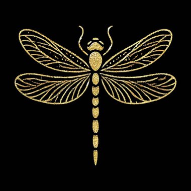 Siyah arkaplandaki altın çizgiler yusufçuk desenli çizimler. Güzel yusufçuk böceği. Grunge yüzey dokusu. Dekoratif modern tasarım.