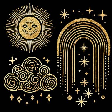 Şatafatlı altın çizgiler parlak gökkuşağı güneş bulutları desenleri siyah arka planda toplanıyor. Güzel vektör el yağmur, yıldızlar, gökkuşağı, güneş, gökyüzü, ışıltılar ile altın hava setini çizdi. İzole elementler.