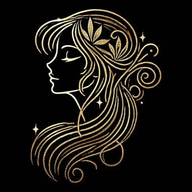 Altın yaldızlı çizgiler genç kadın profili uzun dalgalı saçlar, yapraklar, kıvrımlar, karmaşık çizgiler. Altın çizgili kadınlar altın parıltısıyla, yıldızlarla, ışıldayan efektlerle yüz yüze gelirler. İzole vektör lüks tasarımı.