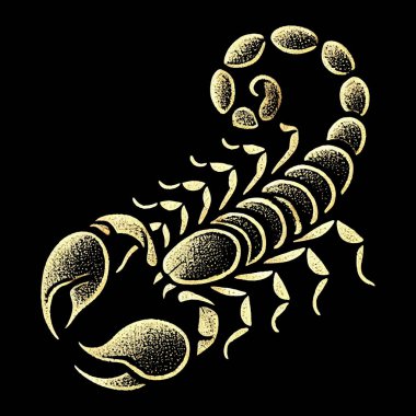 Altın çizgiler, parlak akrep desenli siyah arkaplan çizimleri. Güzel izole edilmiş vektör altın akrep. Grunge yüzey dokusu. Dekoratif dekoratif modern tasarım. Baskı için lüks, dövme.