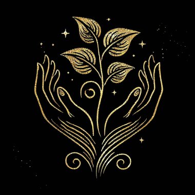 Altın parıltılı çizgiler, siyah arka planda büyüyen bir bitkiyi tutan ellerin vektör izole desenleri. İzole edilmiş çizgiler, altın parıltılı minimalist tasarım, yapraklar, yıldızlar..