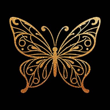 Altın çizgiler, parlak süslemeler, siyah arkaplan üzerindeki yağlı desenler. Karmaşık desenli güzel yalıtılmış kelebek böceği. Grunge yüzey dokusu. Dekoratif dekoratif tasarım.