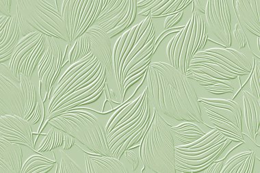 Kabartmalı kabartma çizgileri tropikal el çizimleri bırakır. Kabartmalı süs çiçeği arkaplanı. Yeşil vektör arkaplanı. Yüzey dalları, yapraklar ve çizgilerle rahatlama süslemeleri. Grunge 3d dokusu.